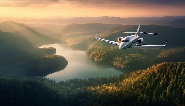 Ala di aeromobile volante in volo sopra un paesaggio di catena montuosa generato dall'intelligenza artificiale