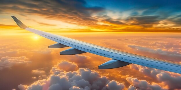 Ala di un aereo al tramonto attraverso le nuvole AI Generative