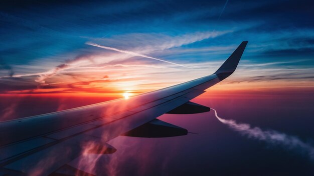 Ala di un aereo sul cielo blu al crepuscolo e al tramonto