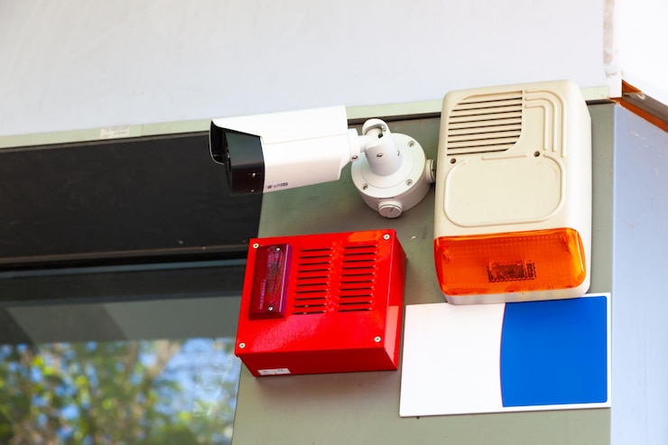Photo alarm devices and a video camera hanging on the wall of the building