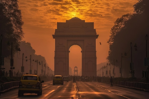 Alba a Delhi vista sull'India Gate