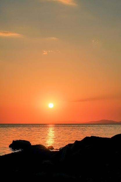 Alba al mattino sul mare che brilla di luci cremisi sulla superficie dell'acqua del cielo e del mare con un uccello