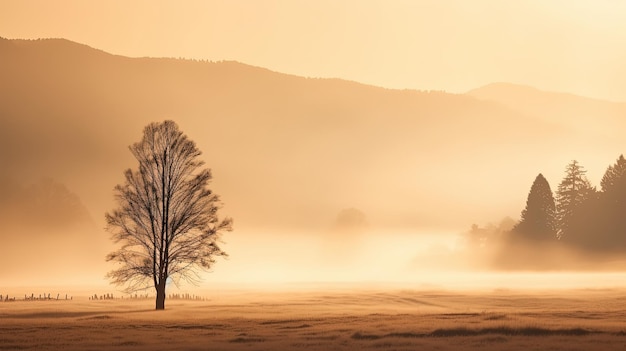 Alba autunnale nel prato sloveno nebbioso e sereno con alberi nudi erba secca e nessuno in vista concetto di silhouette