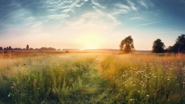 Alba del campo estivo e cielo blu generati dall'intelligenza artificiale