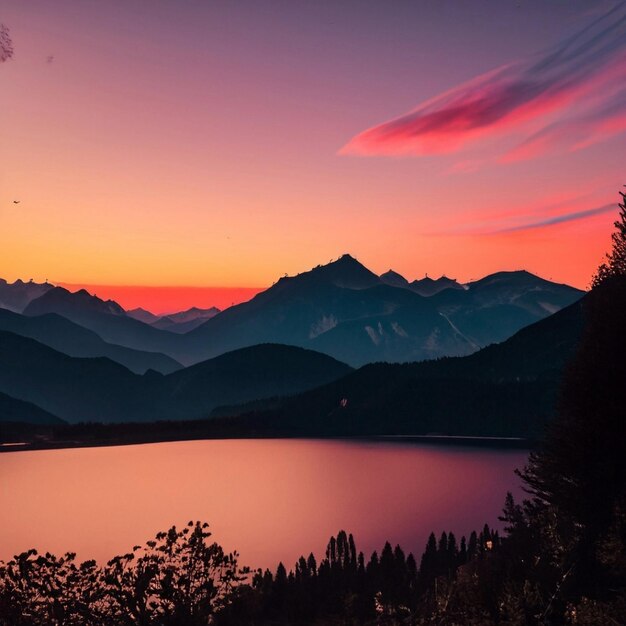 Alba e lago di montagna