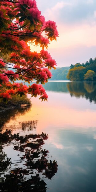 Alba e tramonto eterei con paesaggi arcadici di fiori rossi