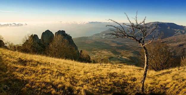 Alba in montagna di Crimea con nuvole ad albero e sfondo naturale di viaggio del cielo blu