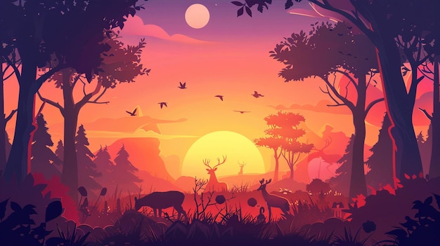 Alba in una foresta di cartoni animati vettoriali con animali che si svegliano e si allungano