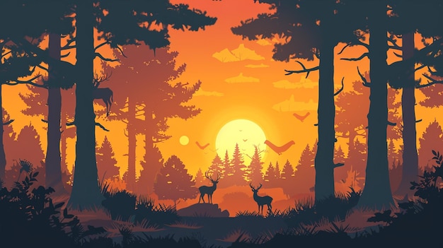 Alba in una foresta di cartoni animati vettoriali con animali che si svegliano e si allungano