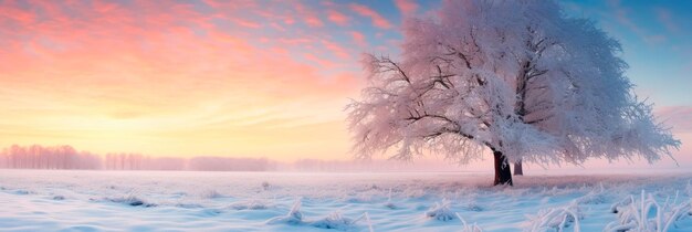 alba invernale su un vasto campo coperto di neve con alberi coperti di gelo che catturano la prima luce del giorno