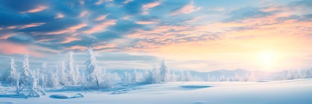 alba invernale su un vasto campo coperto di neve con alberi coperti di gelo che catturano la prima luce del giorno