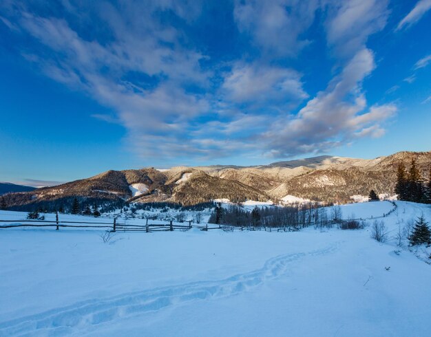 Alba inverno Carpazi villaggio di montagna Zelene Verkhovyna Ucraina