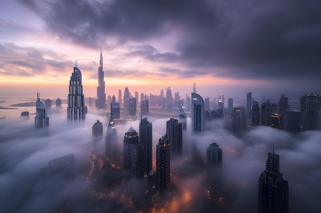 Alba nebbiosa sulla città di Dubai, Emirati Arabi Uniti