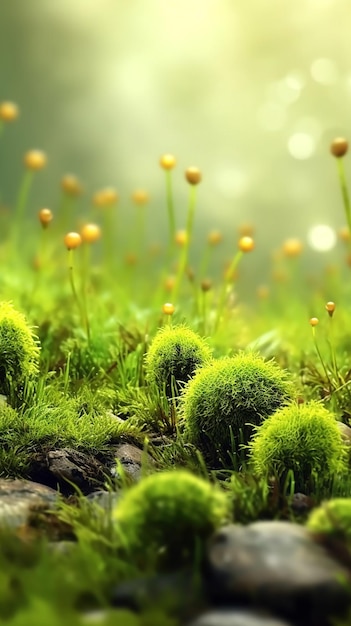 Alba nel paesaggio forestale con erba e nuvole