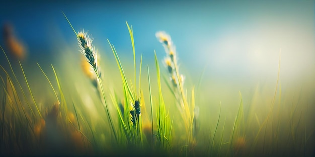 Alba nel prato blured di montagna con un sacco di fiori in una giornata di sole nella foresta primo piano con intelligenza artificiale generativa dello spazio