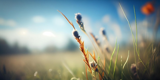 Alba nel prato blured di montagna con un sacco di fiori in una giornata di sole nella foresta primo piano con intelligenza artificiale generativa dello spazio