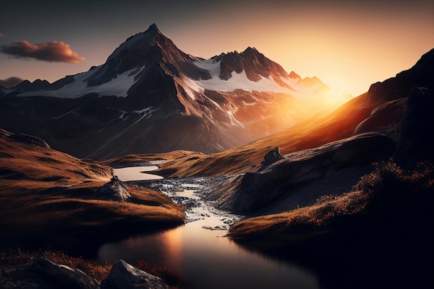 Alba panoramica in alta montagna delle alpi IA generativa