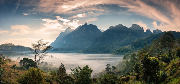 Alba panoramica sulla catena montuosa di Doi Luang Chiang Dao con nebbia nella foresta pluviale tropicale sul villaggio tradizionale di Ban Na Lao Mai Chiang Dao Chiang Mai Thailandia