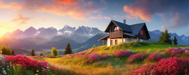 Alba panoramica sulle montagne delle Alpi con cottage di montagna sullo sfondo