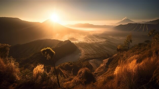 Alba sopra le montagne in indonesia