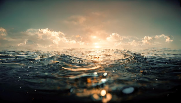 Alba spettacolare sull'oceano calmo che si riflette nell'acqua Illustrazione 3D di arte digitale