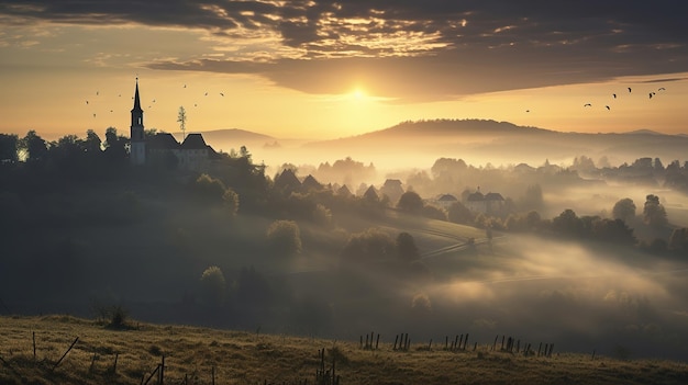 alba su un campo di nebbia e nebbia