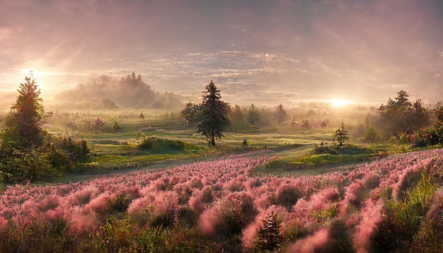 Alba su un campo verde con piante da fiore alberi di conifere e rocce sotto un'illustrazione 3d del cielo rosa