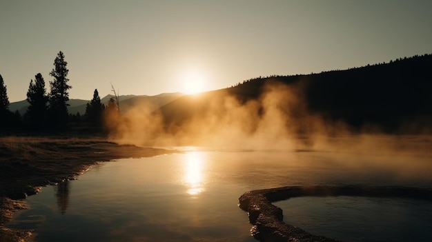 Alba su un fiume con alberi sullo sfondo