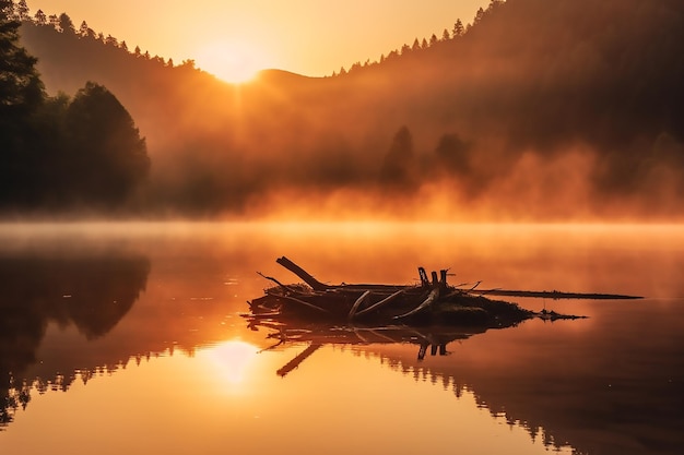 Alba su un lago con un registro in primo piano