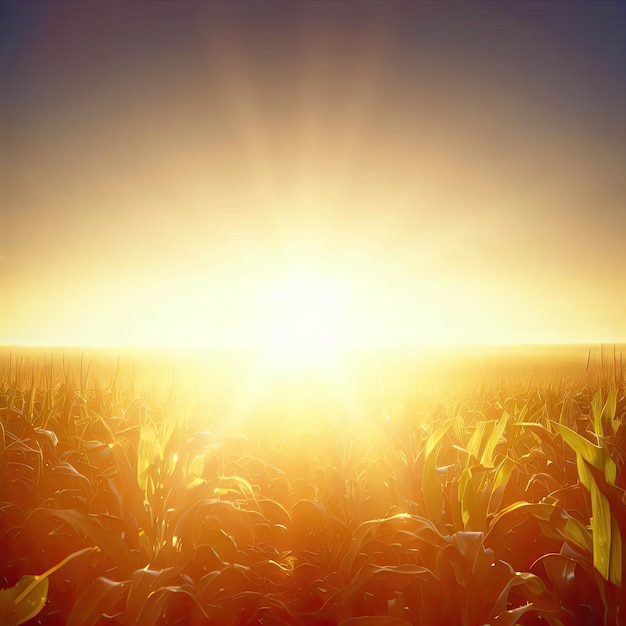 Alba sul campo di grano Il sole splende direttamente nella fotocamera in una fresca mattina presto