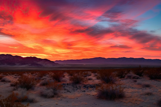 Alba sul deserto con rossi e rosa drammatici che illuminano il cielo