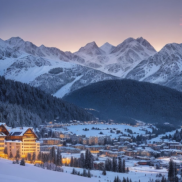 Alba sul lago di Sils ghiacciato e innevato generata dall'intelligenza artificiale