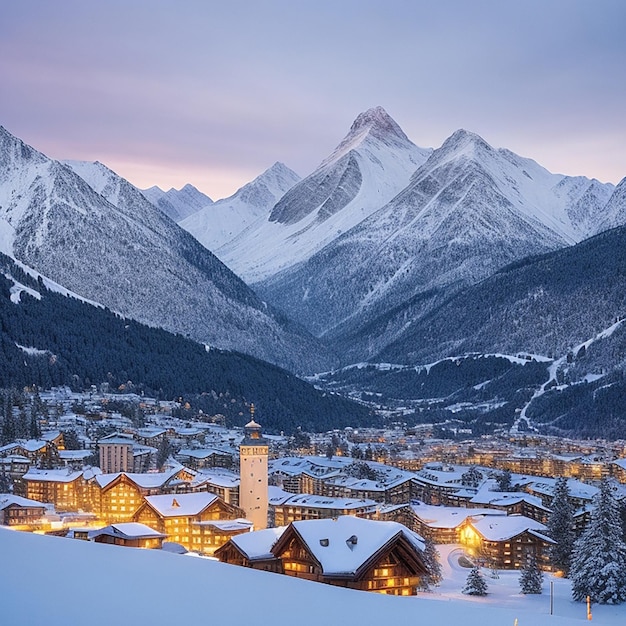 Alba sul lago di Sils ghiacciato e innevato generata dall'intelligenza artificiale