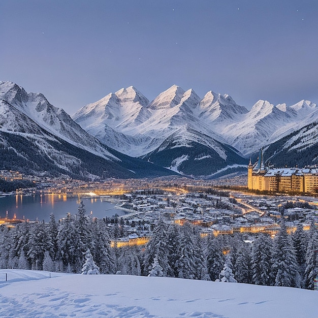 Alba sul lago di Sils ghiacciato e innevato generata dall'intelligenza artificiale