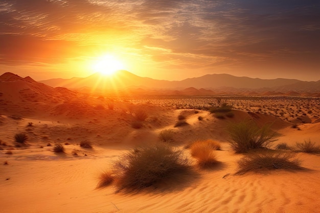 Alba sul paesaggio desertico con il sole che illumina il cielo e porta un nuovo giorno