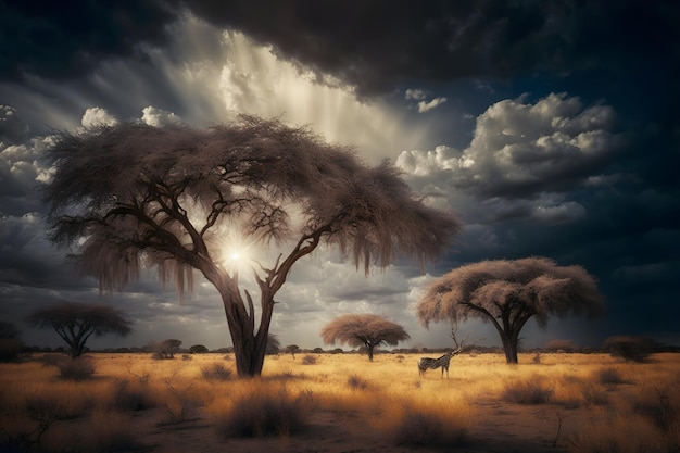 Alba sulla savana e campi di erba in Sud Africa con cielo nuvoloso Rete neurale AI generata