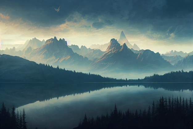 alba sulle montagne, lago, illustrazione