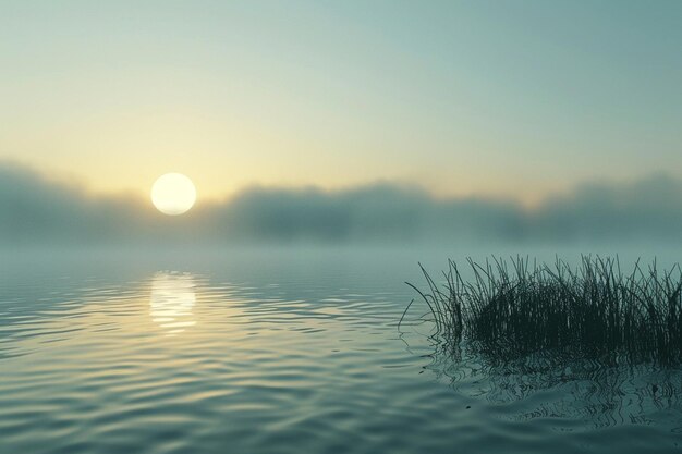 Alba tranquilla sul lago con nebbia che rotola sopra t