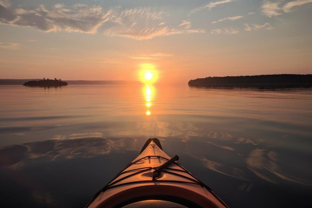 Alba tranquilla sull'acqua con kayak in primo piano creata con l'IA generativa