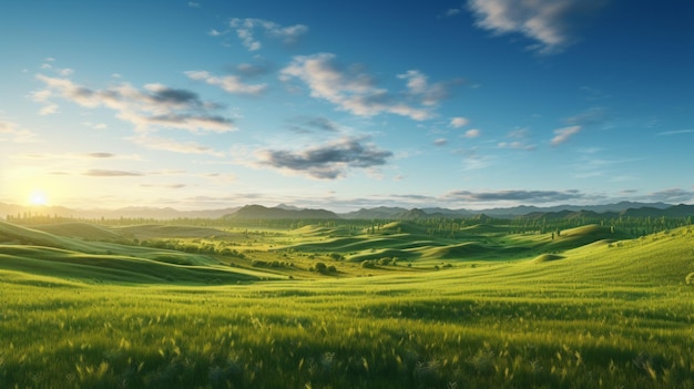 Alba ultrarealistica su colline verdi panoramiche