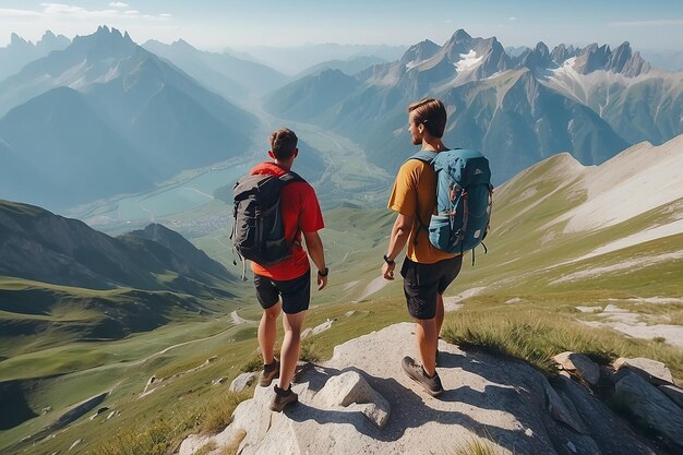 AlbedoBase_XL_Aerial_couple_backpackers_hiking_on_mountain_top_0 1