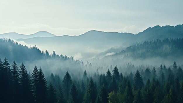 Alberi ad alto fusto nella foresta in montagna ricoperta di nebbia