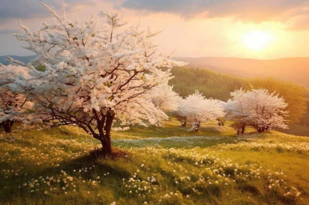 Alberi bianchi in fiore primaverile sullo sfondo di una collina verde evidenziata dal tramonto