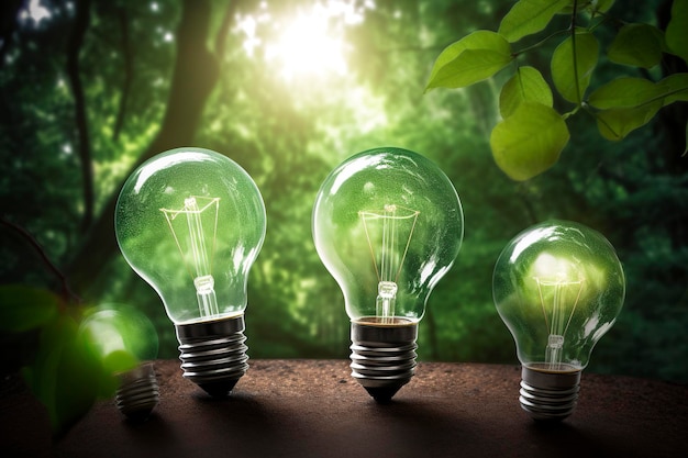 Alberi che crescono su lampadine con il sole in natura risparmiando energia e concetto ecologico AI Generativo