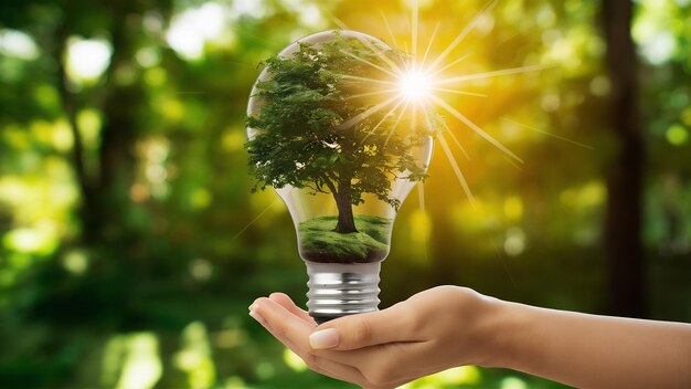 Alberi che crescono su lampadine con il sole in natura risparmiando energia e concetto ecologico