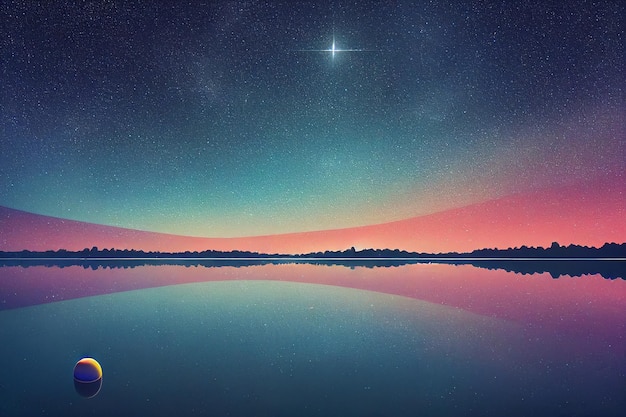 Alberi che si riflettono in un tranquillo lago sotto un bel cielo stellato di notte