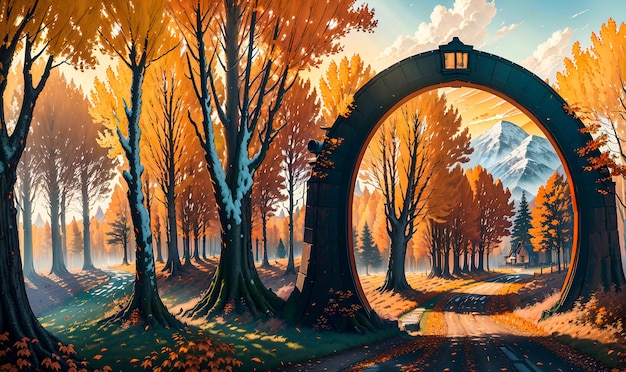 Alberi colorati con un percorso Paesaggio autunnale dipinto di sfondo illustrazione IA generativa