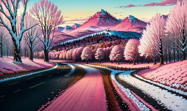 Alberi colorati con un percorso Paesaggio autunnale dipinto di sfondo illustrazione IA generativa