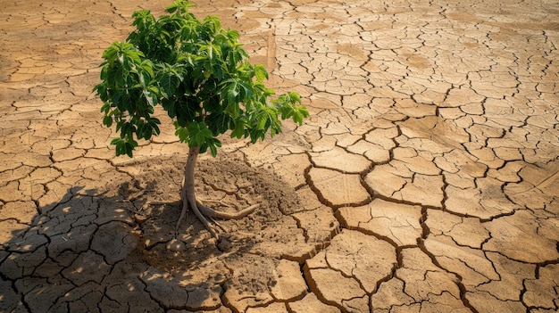 Alberi coltivati in suolo asciutto cracked secco nella stagione secca riscaldamento globale