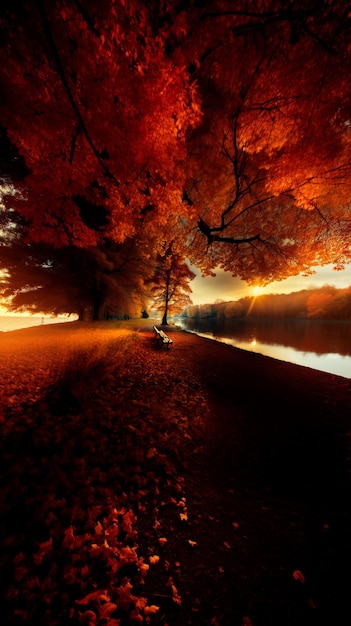 alberi con foglie rosse su di loro e una panchina sulla riva generativa ai.